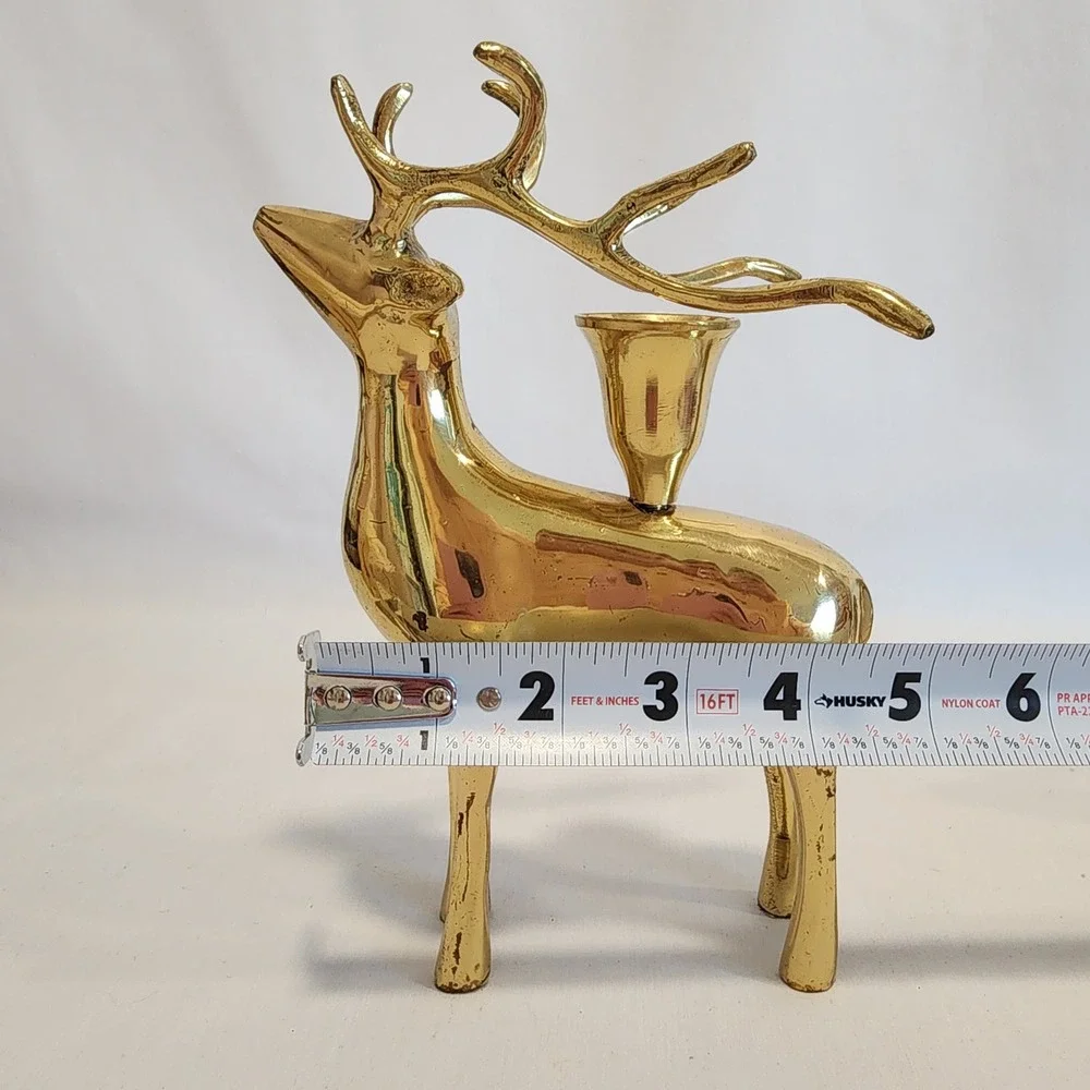 Vintage Solid Brass Reindeer Candle Holder‎ Set Standing and Resting Deer MCM